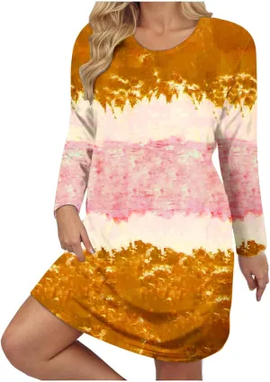 Womens Spring Dresses,Flowy Tie Dye Plus Size Dresses Crewneck Shift Long Sleeve Dress Going Out Vacation Date Night