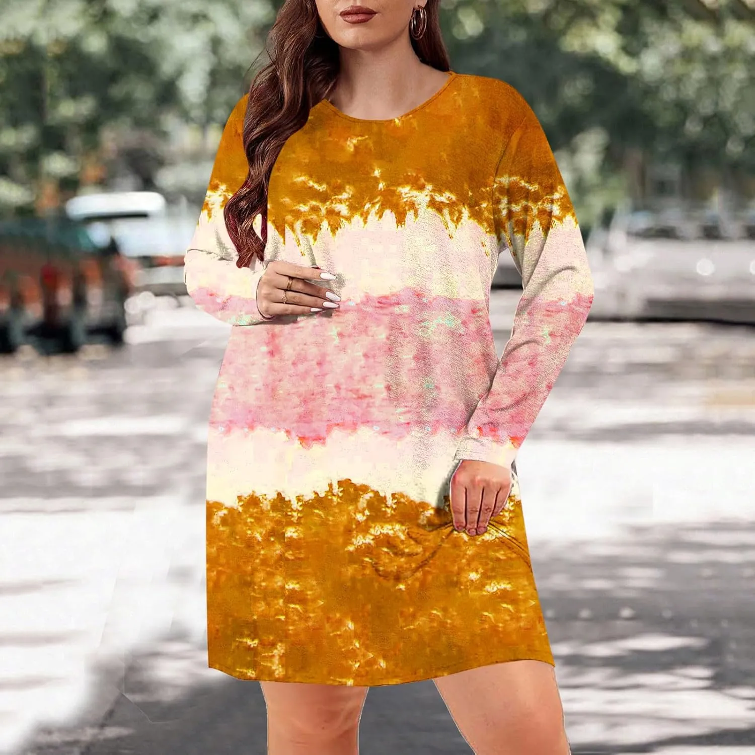 Womens Spring Dresses,Flowy Tie Dye Plus Size Dresses Crewneck Shift Long Sleeve Dress Going Out Vacation Date Night