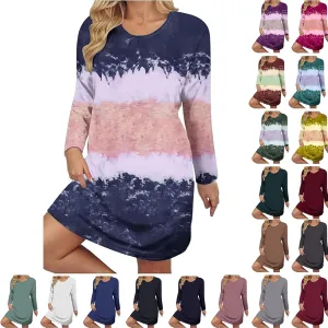 Womens Spring Dresses,Flowy Tie Dye Plus Size Dresses Crewneck Shift Long Sleeve Dress Going Out Vacation Date Night