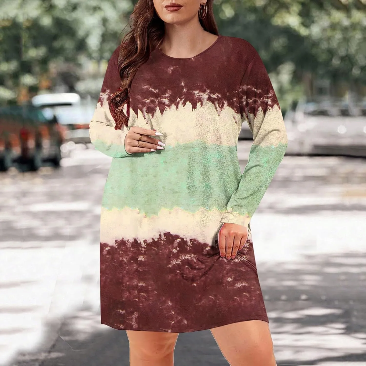 Womens Spring Dresses,Flowy Tie Dye Plus Size Dresses Crewneck Shift Long Sleeve Dress Going Out Vacation Date Night
