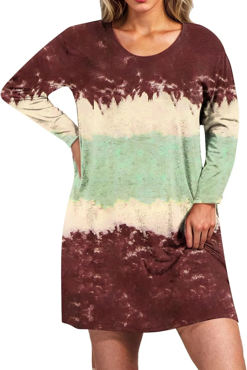 Womens Spring Dresses,Flowy Tie Dye Plus Size Dresses Crewneck Shift Long Sleeve Dress Going Out Vacation Date Night