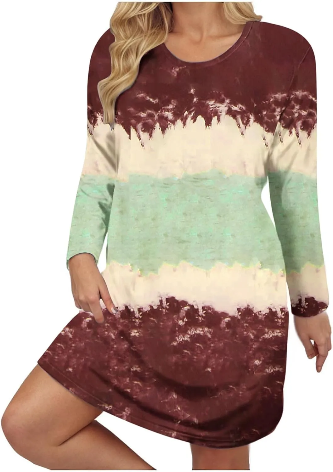 Womens Spring Dresses,Flowy Tie Dye Plus Size Dresses Crewneck Shift Long Sleeve Dress Going Out Vacation Date Night