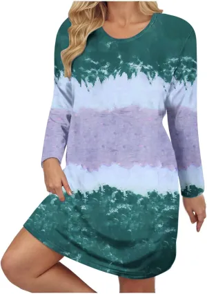 Womens Spring Dresses,Flowy Tie Dye Plus Size Dresses Crewneck Shift Long Sleeve Dress Going Out Vacation Date Night