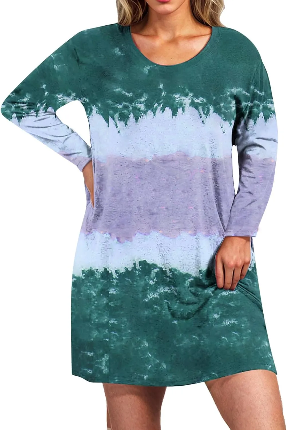 Womens Spring Dresses,Flowy Tie Dye Plus Size Dresses Crewneck Shift Long Sleeve Dress Going Out Vacation Date Night