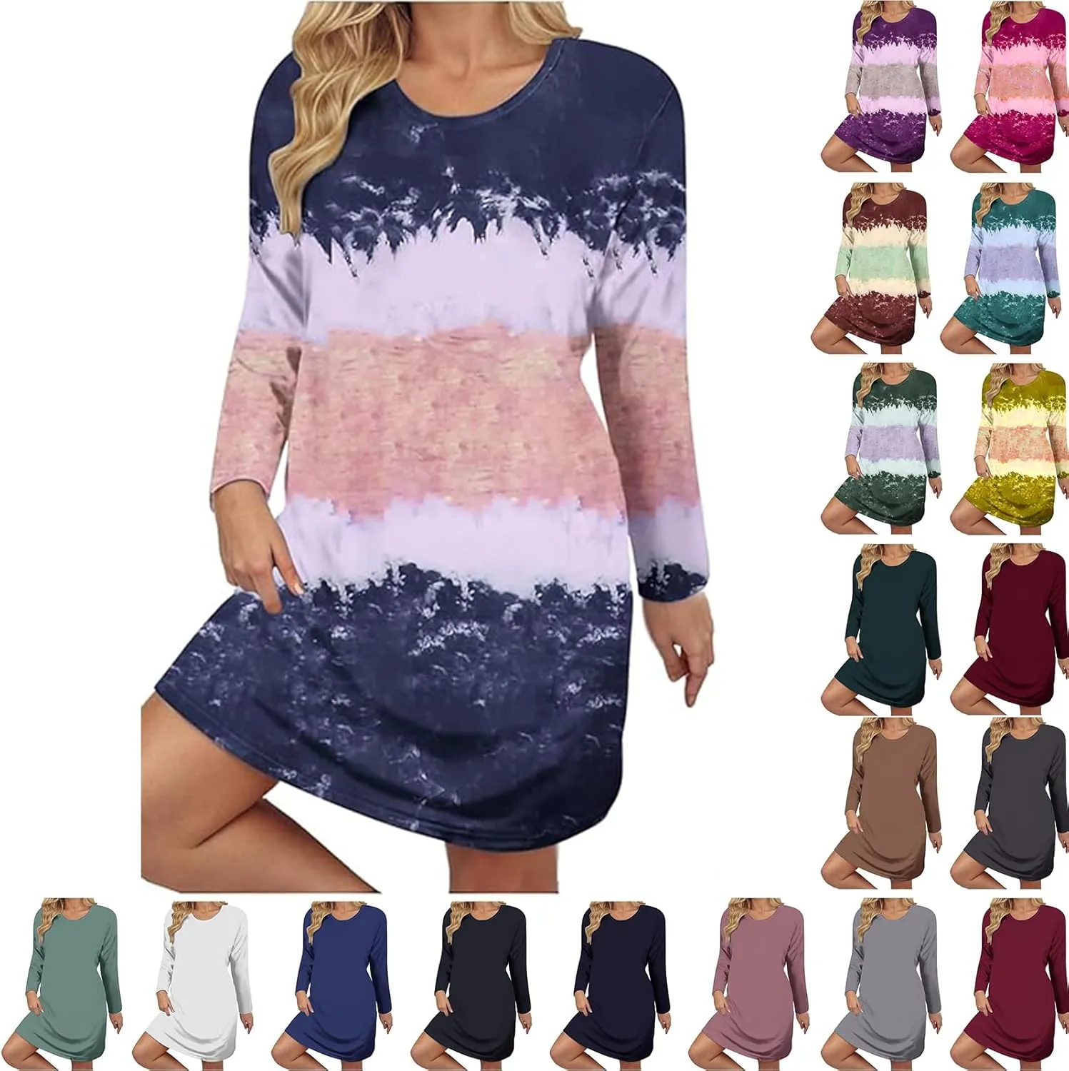 Womens Spring Dresses,Flowy Tie Dye Plus Size Dresses Crewneck Shift Long Sleeve Dress Going Out Vacation Date Night