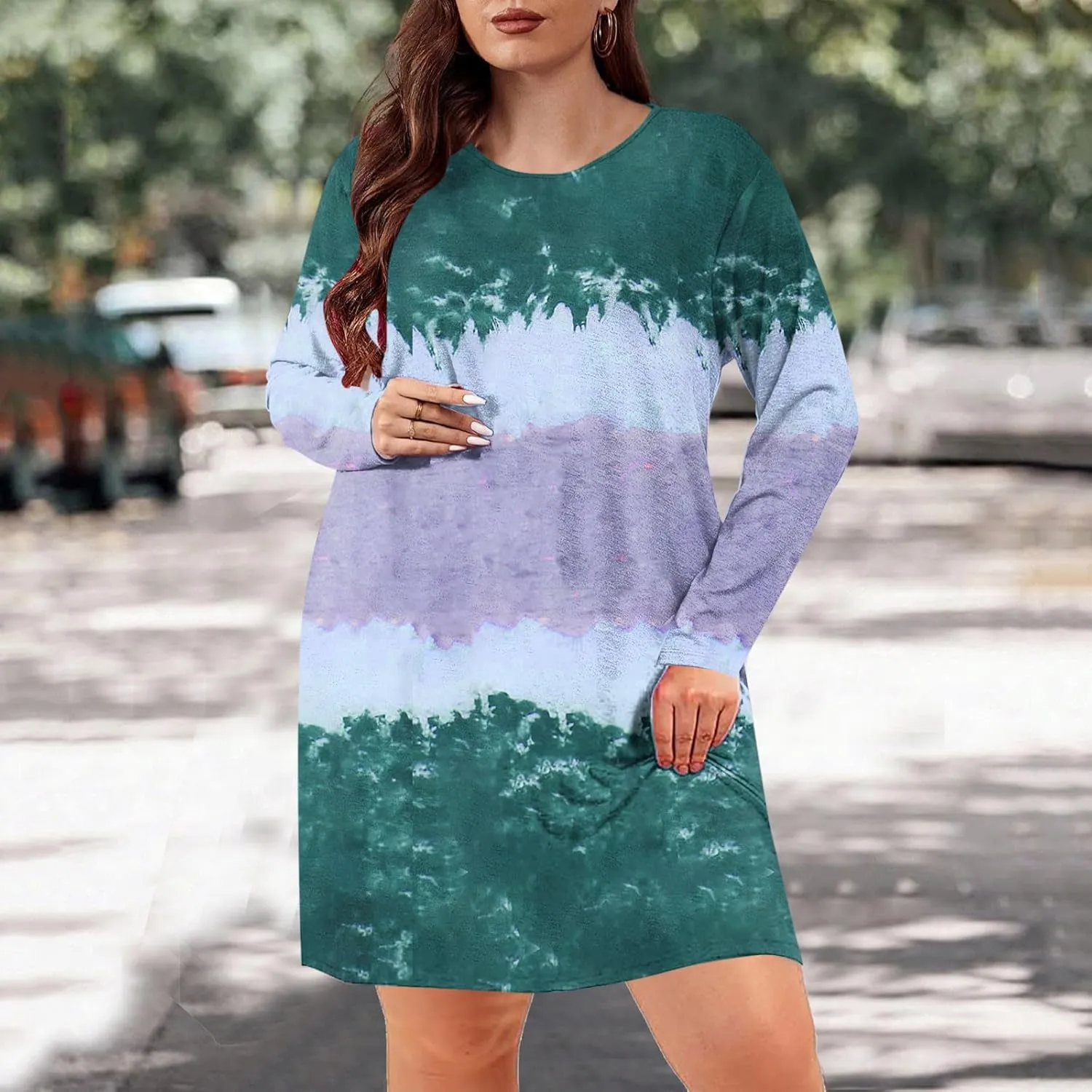 Womens Spring Dresses,Flowy Tie Dye Plus Size Dresses Crewneck Shift Long Sleeve Dress Going Out Vacation Date Night