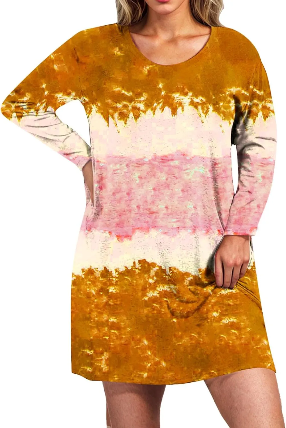 Womens Spring Dresses,Flowy Tie Dye Plus Size Dresses Crewneck Shift Long Sleeve Dress Going Out Vacation Date Night
