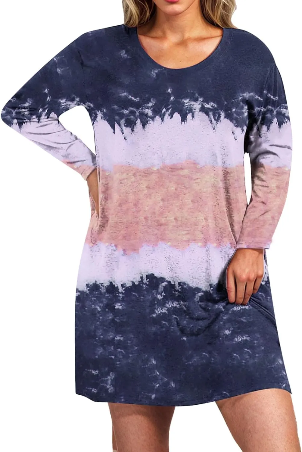 Womens Spring Dresses,Flowy Tie Dye Plus Size Dresses Crewneck Shift Long Sleeve Dress Going Out Vacation Date Night