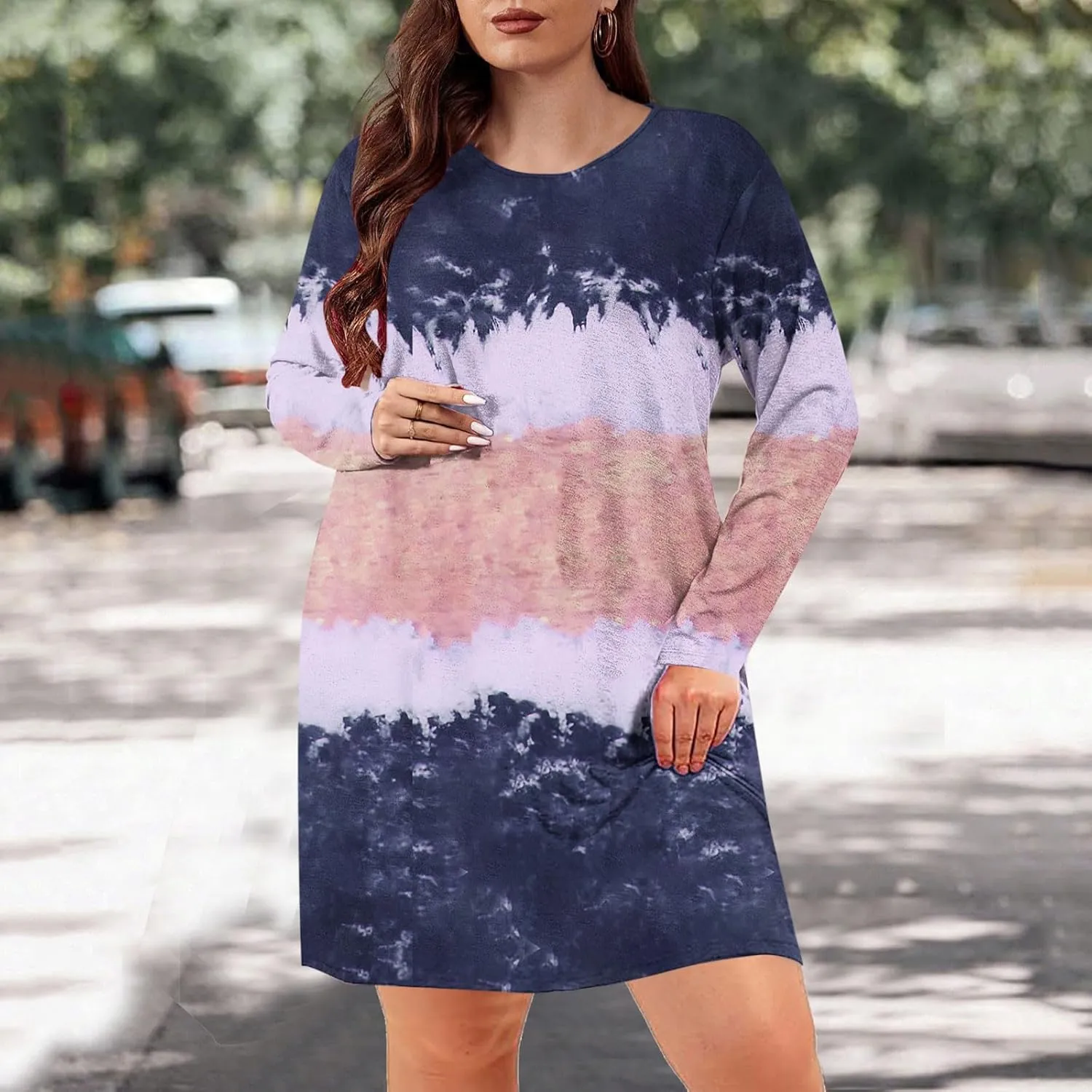 Womens Spring Dresses,Flowy Tie Dye Plus Size Dresses Crewneck Shift Long Sleeve Dress Going Out Vacation Date Night