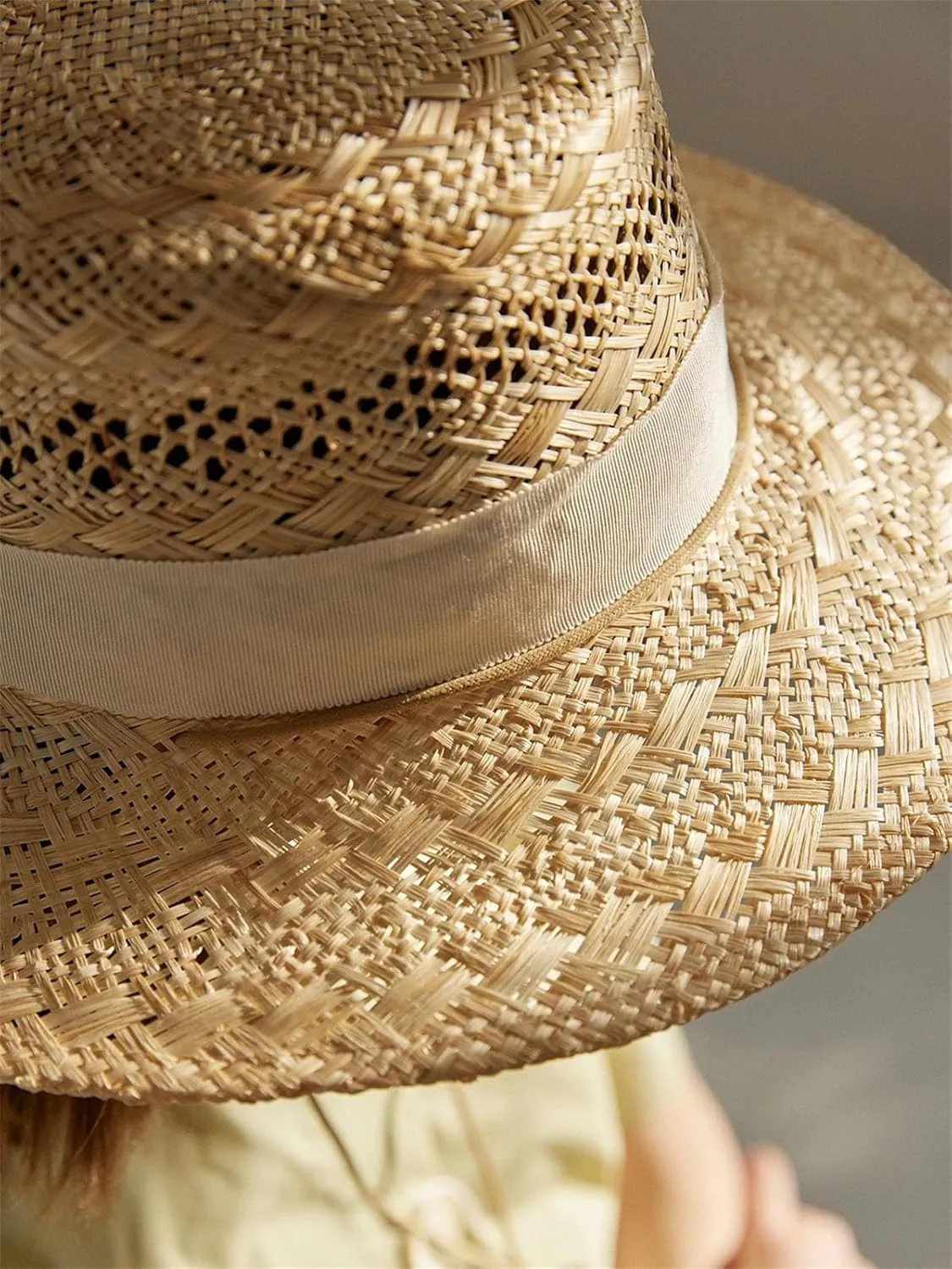 Womens Spring Summer Fashion Sun Protection Sun Hat with Tie Hand Woven Hollow Sisal Flat Top Straw Hat
