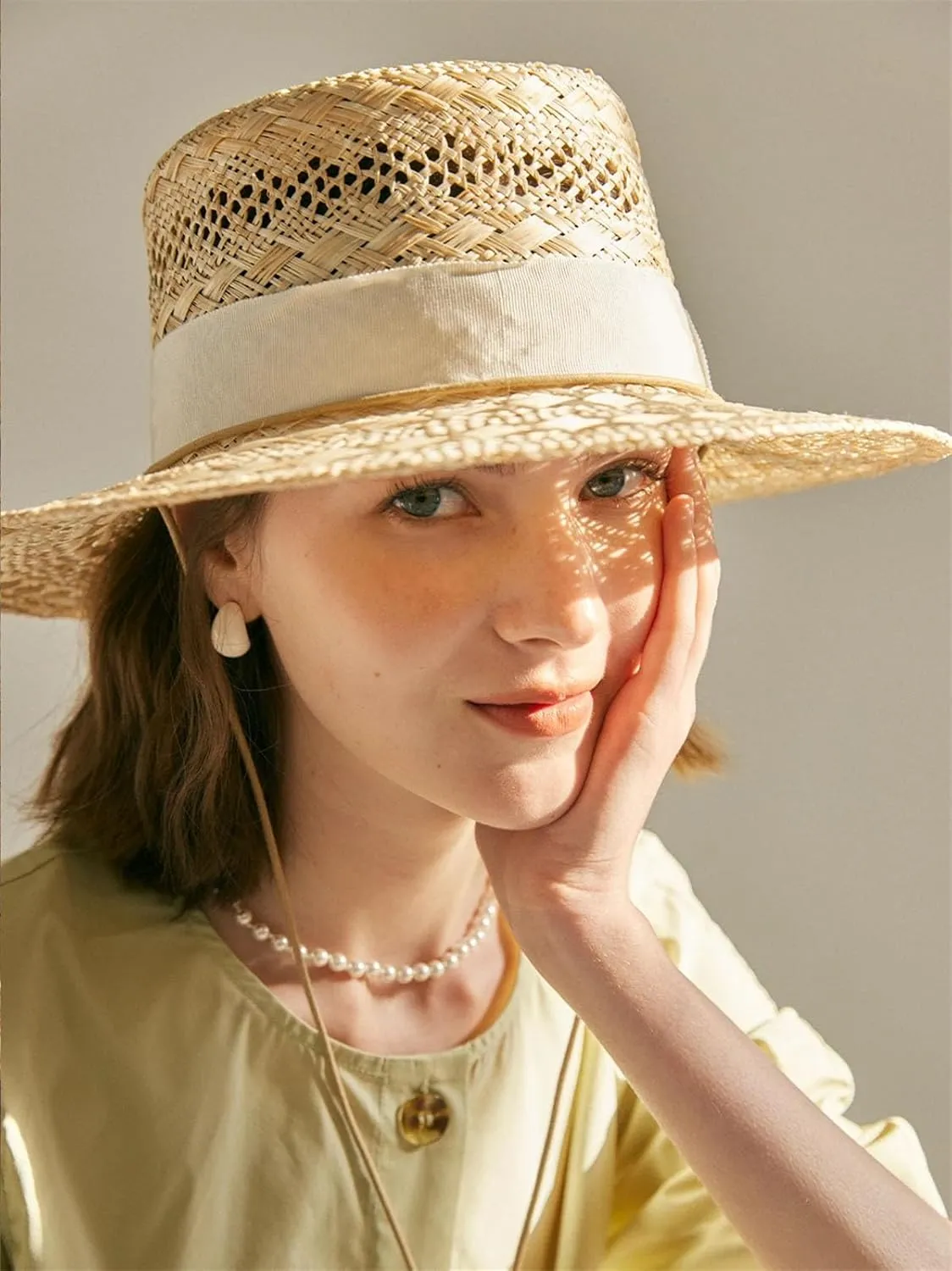 Womens Spring Summer Fashion Sun Protection Sun Hat with Tie Hand Woven Hollow Sisal Flat Top Straw Hat