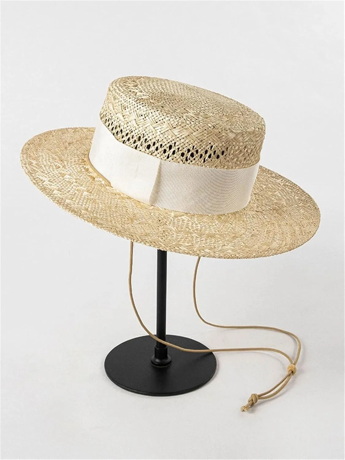 Womens Spring Summer Fashion Sun Protection Sun Hat with Tie Hand Woven Hollow Sisal Flat Top Straw Hat