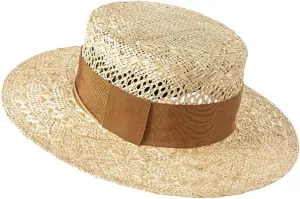 Womens Spring Summer Fashion Sun Protection Sun Hat with Tie Hand Woven Hollow Sisal Flat Top Straw Hat