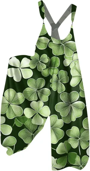 Womens St Patricks Day Jumpsuits for Women Irish Printed Shamrock Baggy Vacation Travel Romper Dressy with Pocket