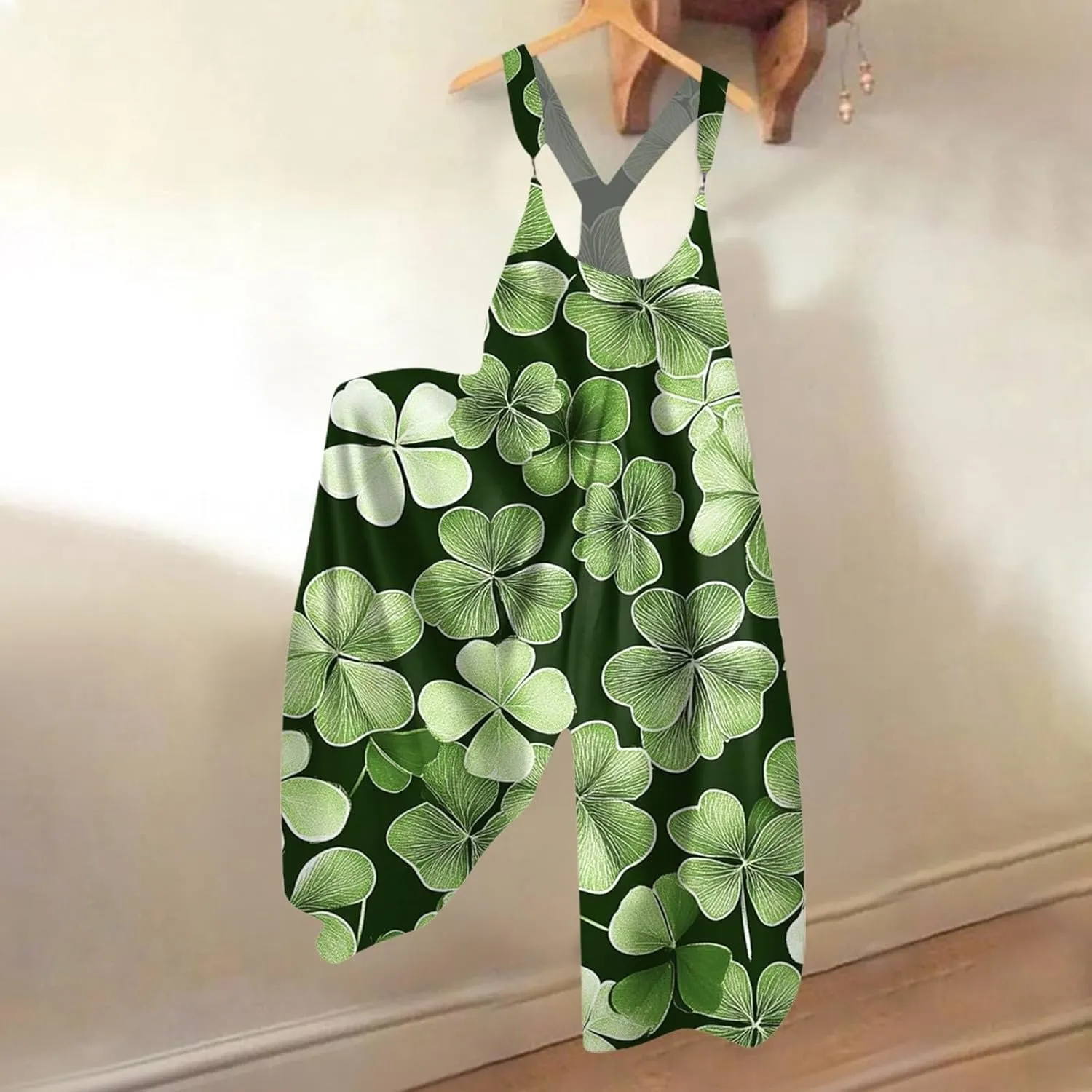 Womens St Patricks Day Jumpsuits for Women Irish Printed Shamrock Baggy Vacation Travel Romper Dressy with Pocket