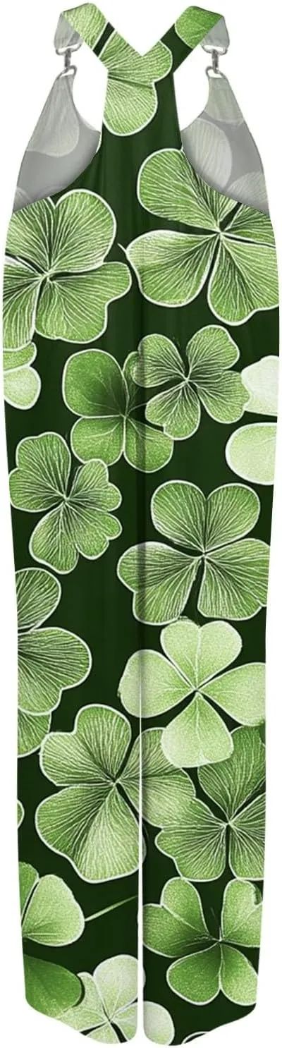Womens St Patricks Day Jumpsuits for Women Irish Printed Shamrock Baggy Vacation Travel Romper Dressy with Pocket