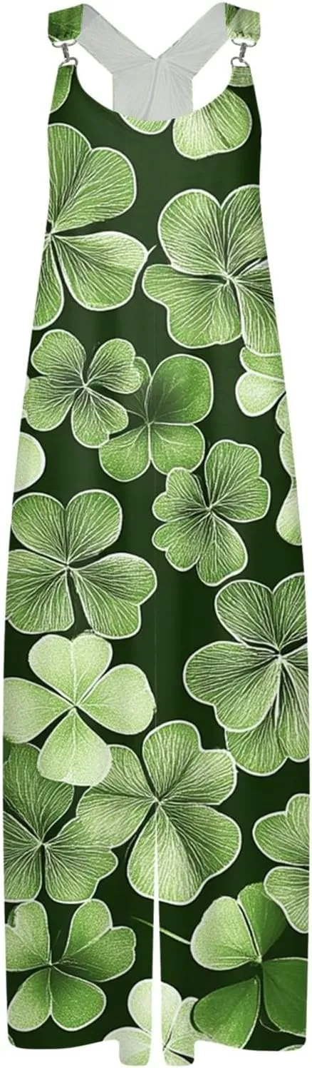 Womens St Patricks Day Jumpsuits for Women Irish Printed Shamrock Baggy Vacation Travel Romper Dressy with Pocket