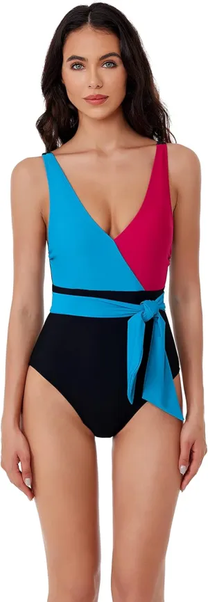 Women's Standard Megan One Piece Swimsuit, V-Neck, Wraparound Waist Tie, Bathing Suits