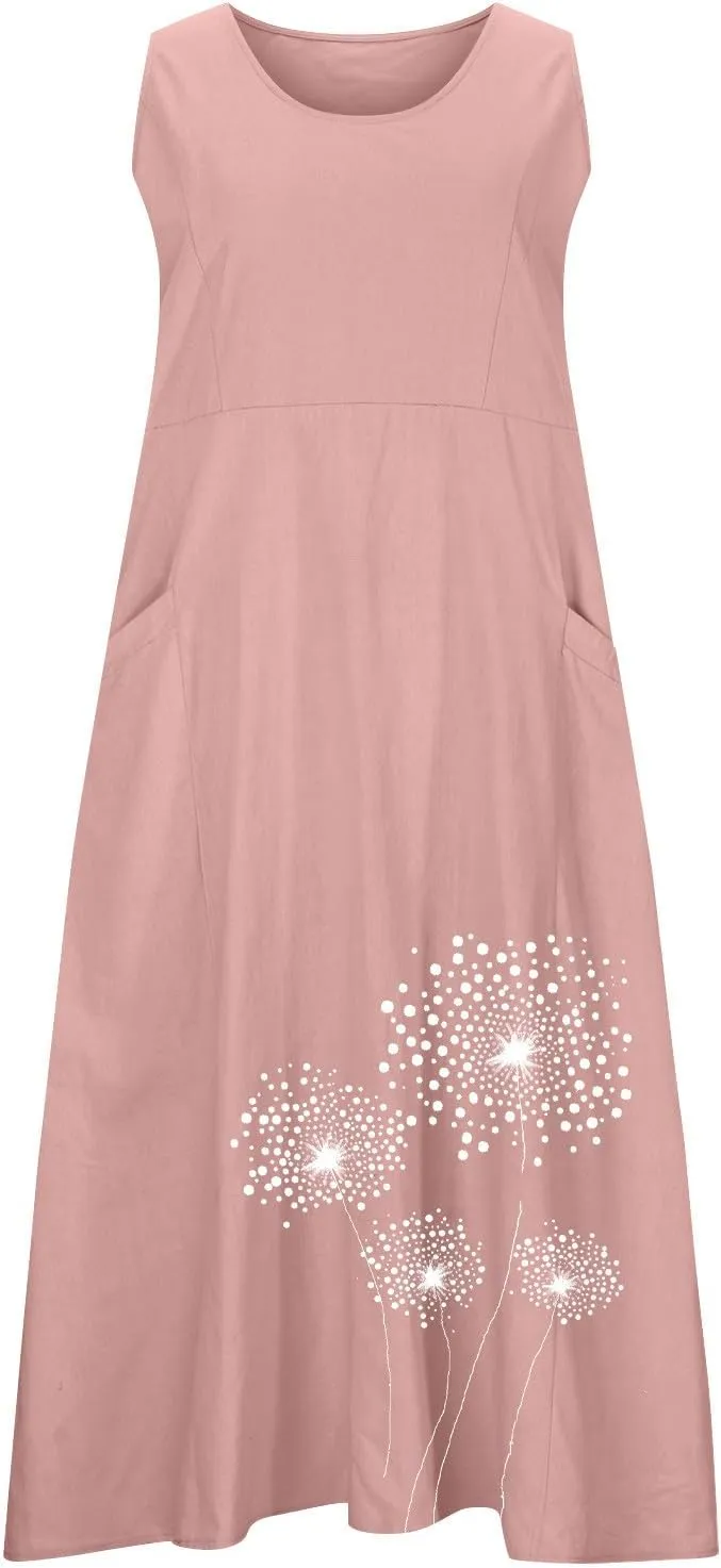 Womens Summer Linen Dresses Casual Floral Dresses Loose Fit Maxi Dresses Trendy Summer Beach Clothes with Pocket