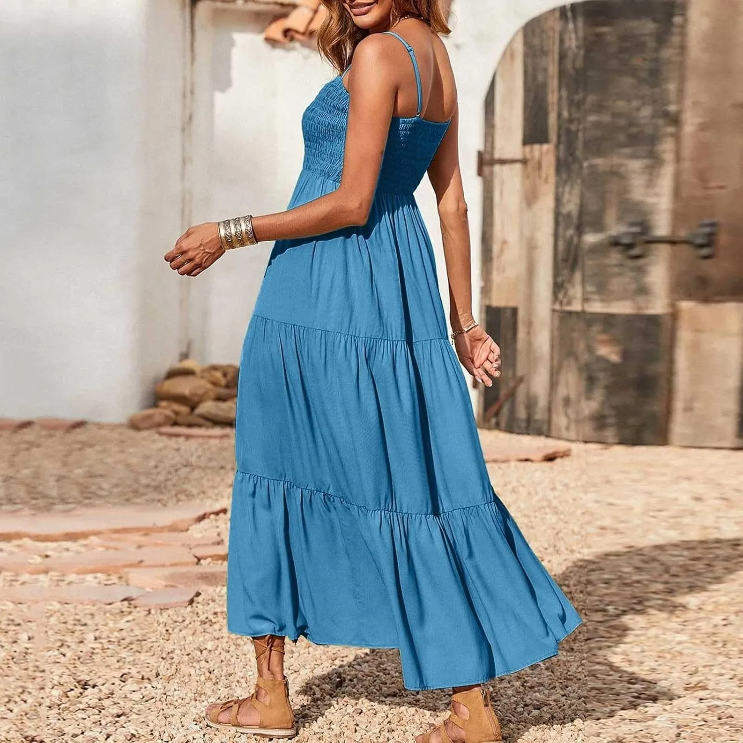 Women's Summer Maxi Dress 2025 Casual Boho Sleeveless Spaghetti Strap Smocked Tiered Long Beach Sundresses