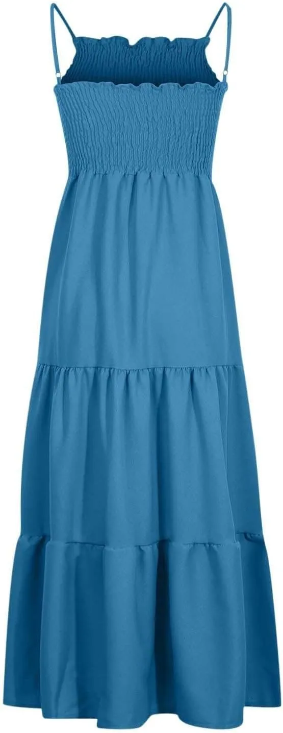 Women's Summer Maxi Dress 2025 Casual Boho Sleeveless Spaghetti Strap Smocked Tiered Long Beach Sundresses