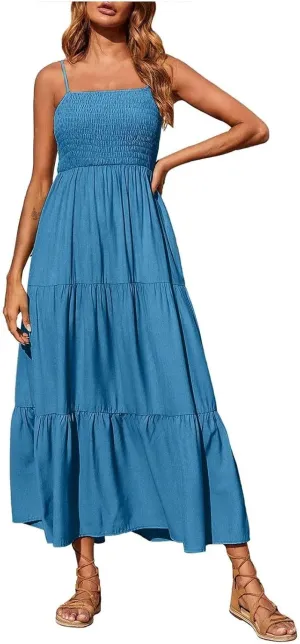Women's Summer Maxi Dress 2025 Casual Boho Sleeveless Spaghetti Strap Smocked Tiered Long Beach Sundresses