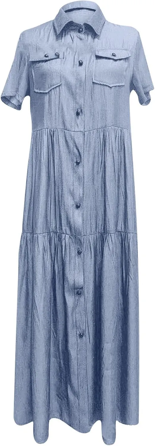 Women's Vintage Short Sleeve Blue Jean Shirt Dress Button Up Denim Dress Summer Jean Shirt Dress Flowy Fall Long Dress