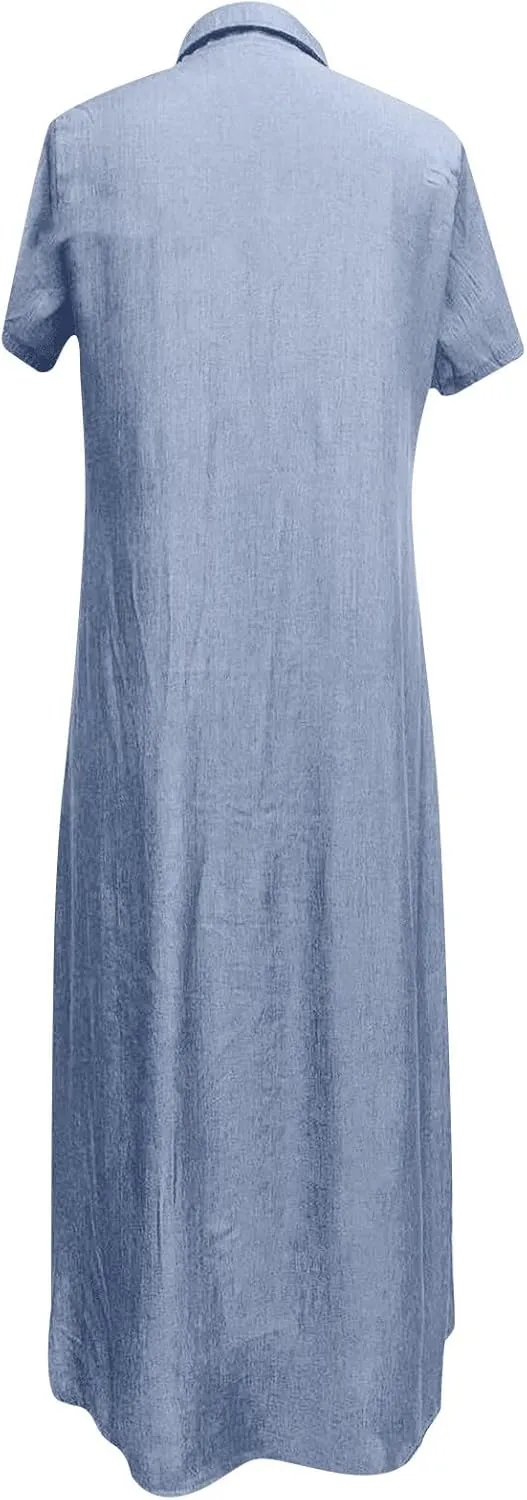 Women's Vintage Short Sleeve Blue Jean Shirt Dress Button Up Denim Dress Summer Jean Shirt Dress Flowy Fall Long Dress