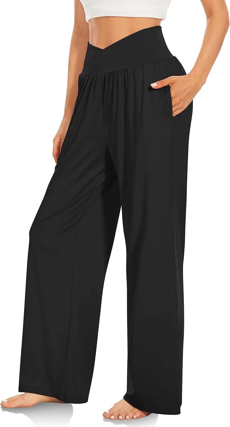 Womens Yoga Sweatpants Crossover High Waisted Casual Loose Sweatpants Comfy Straight Leg Athletic Pants with Pockets