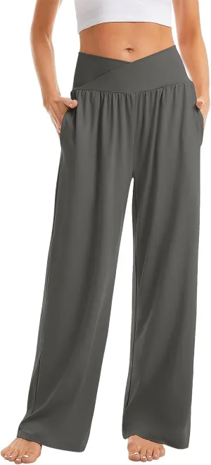 Womens Yoga Sweatpants Crossover High Waisted Casual Loose Sweatpants Comfy Straight Leg Athletic Pants with Pockets