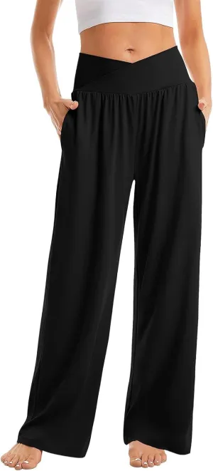 Womens Yoga Sweatpants Crossover High Waisted Casual Loose Sweatpants Comfy Straight Leg Athletic Pants with Pockets