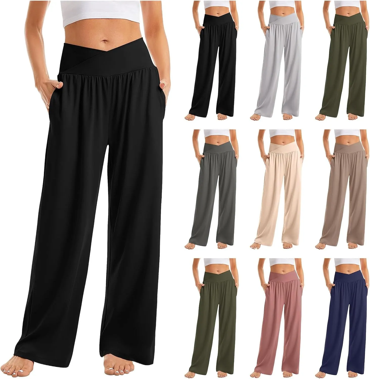 Womens Yoga Sweatpants Crossover High Waisted Casual Loose Sweatpants Comfy Straight Leg Athletic Pants with Pockets