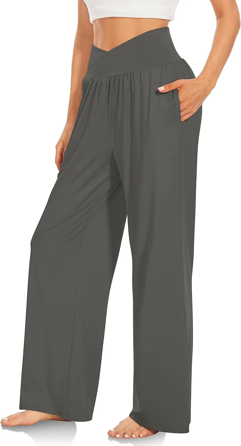 Womens Yoga Sweatpants Crossover High Waisted Casual Loose Sweatpants Comfy Straight Leg Athletic Pants with Pockets