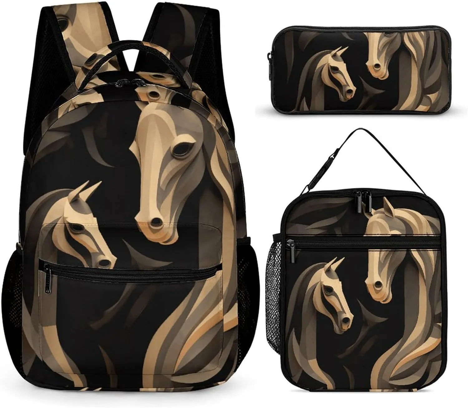 Wood Carving Horse Backpack for Women Men Lightweight Waterproof Backpack Set With Lunch Box Pencil Case Travel Laptop Backpack Casual Daypacks