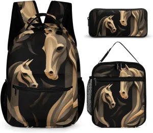Wood Carving Horse Backpack for Women Men Lightweight Waterproof Backpack Set With Lunch Box Pencil Case Travel Laptop Backpack Casual Daypacks