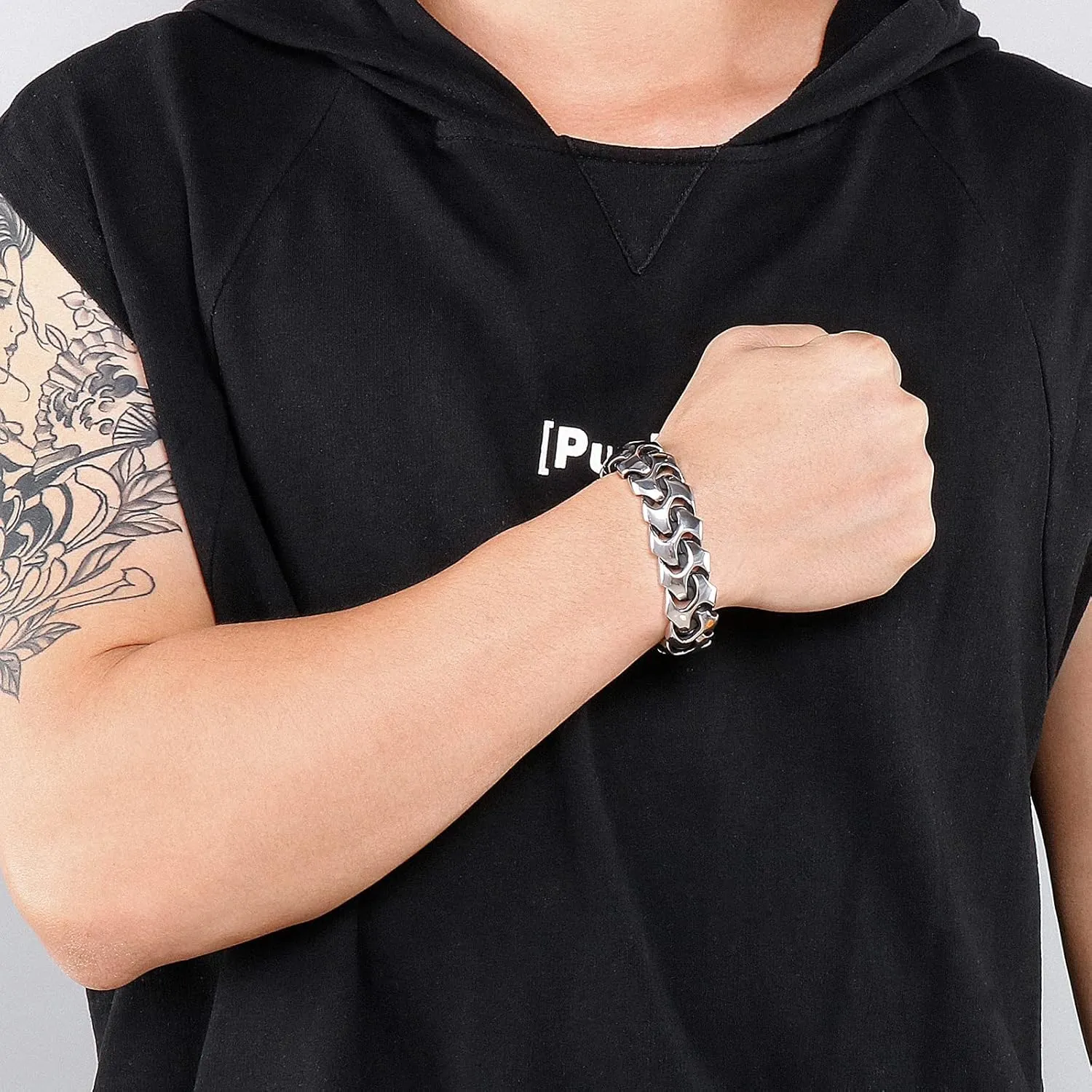 Wrist Armor Style Chain Men Bracelet Stainless Steel Punk Jewelry Silver Black Cool Gifts for Mens 8.26in/8.66in/9.05in/9.44in