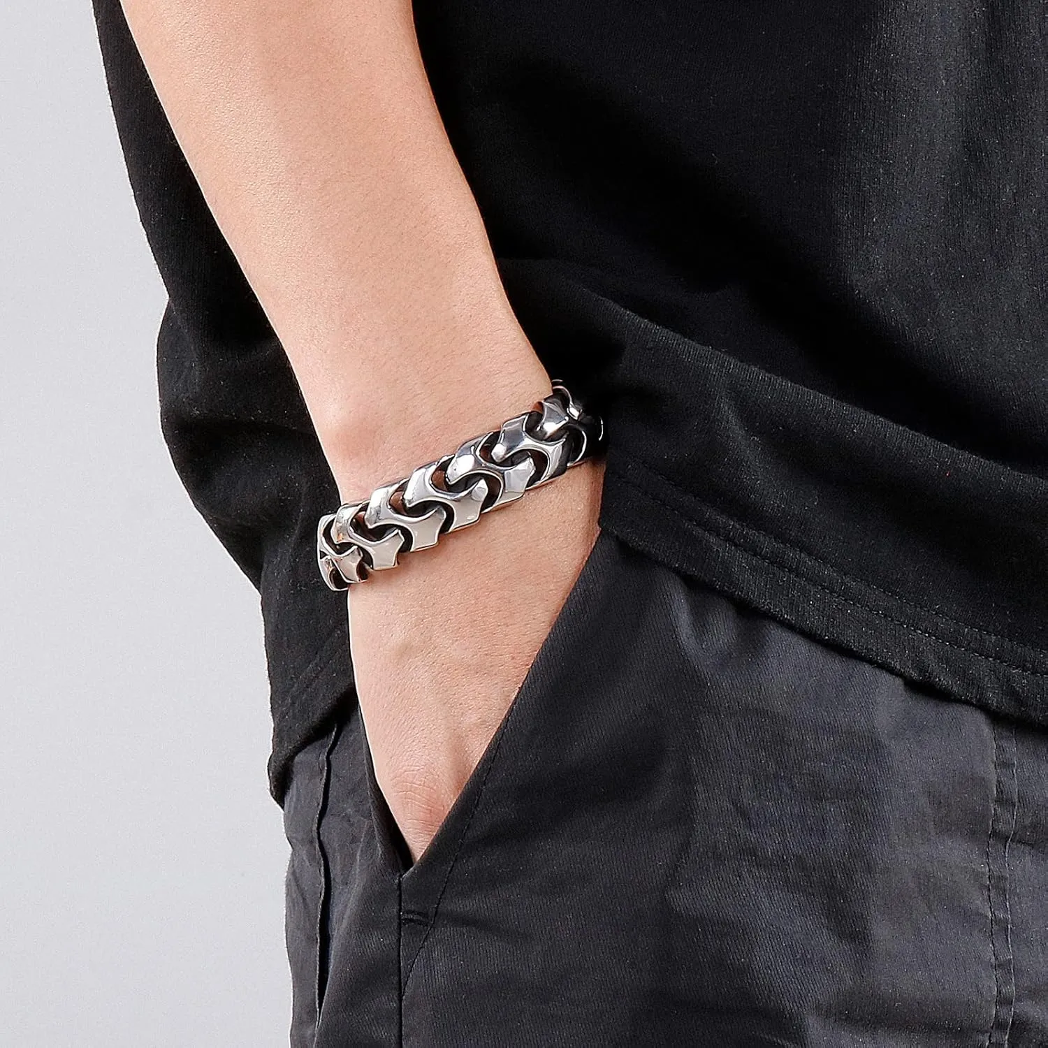 Wrist Armor Style Chain Men Bracelet Stainless Steel Punk Jewelry Silver Black Cool Gifts for Mens 8.26in/8.66in/9.05in/9.44in