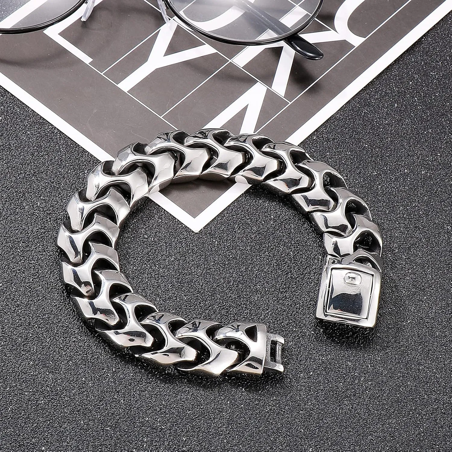 Wrist Armor Style Chain Men Bracelet Stainless Steel Punk Jewelry Silver Black Cool Gifts for Mens 8.26in/8.66in/9.05in/9.44in