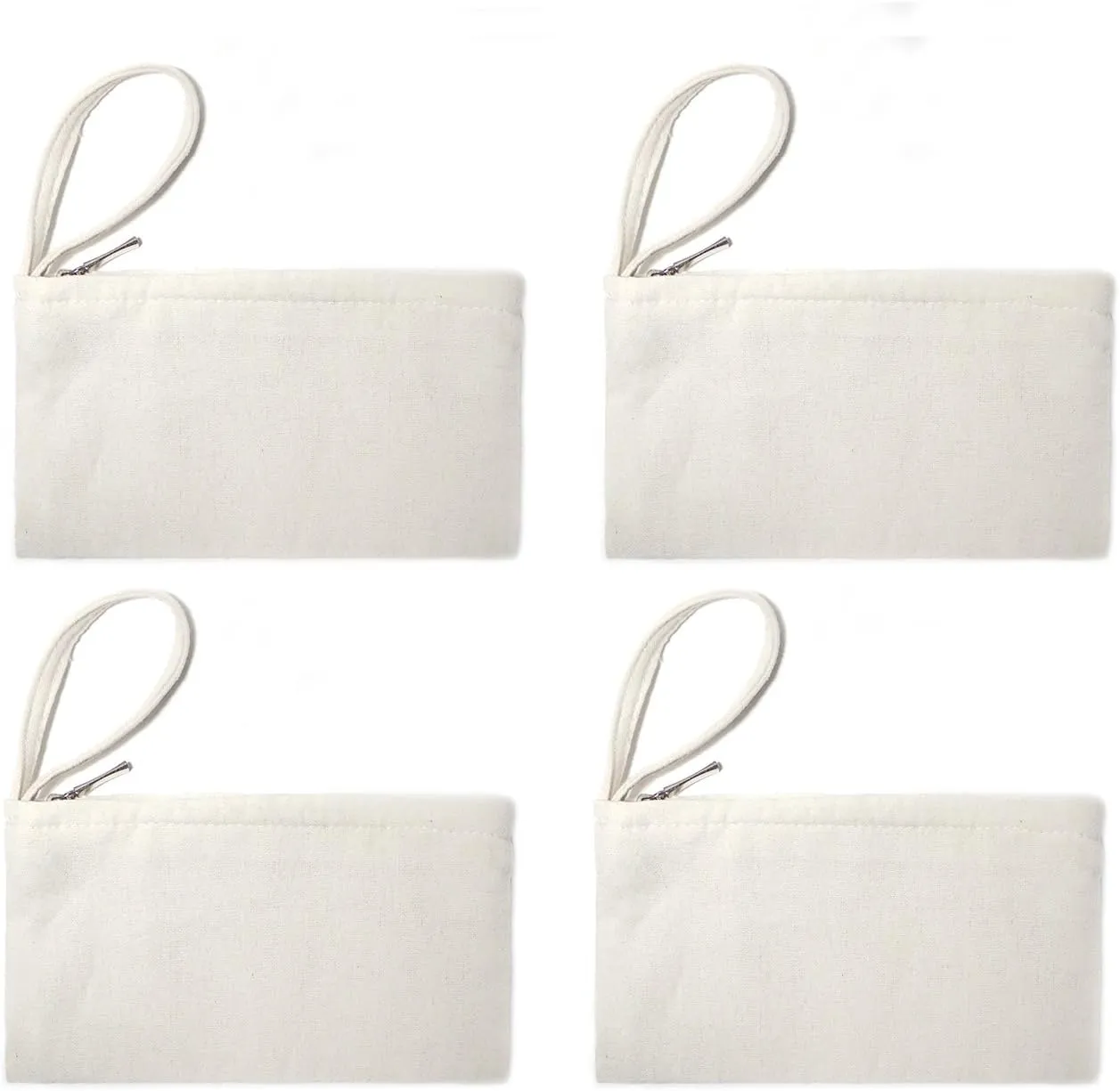 Wristlet Cotton Canvas Zipper Cosmetic Bag Makeup Bags Tool Organizer with Cotton Lining, 5.11"x7.48", White, Pack of 4