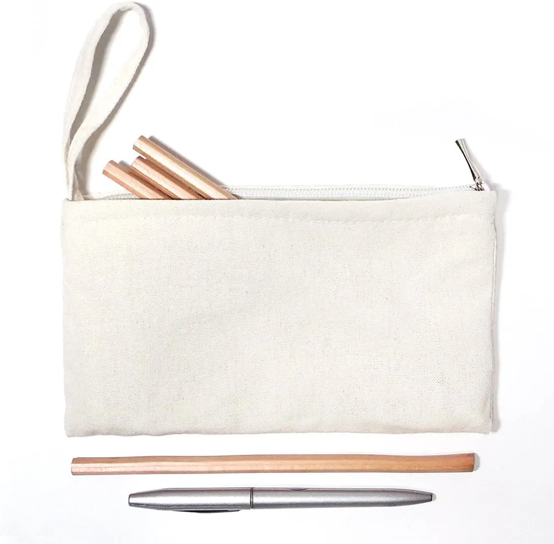 Wristlet Cotton Canvas Zipper Cosmetic Bag Makeup Bags Tool Organizer with Cotton Lining, 5.11"x7.48", White, Pack of 4