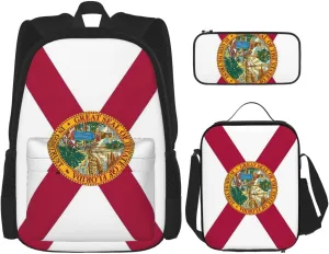 WURTON Florida State Flag Print Shoulder Backpack 3 In 1 Bookbag Set Lunch Box Pencil Case Travel Laptop Daypacks, Black