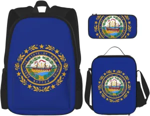 WURTON New Hampshire State Flag Print Shoulder Backpack 3 In 1 Bookbag Set Lunch Box Pencil Case Travel Laptop Daypacks