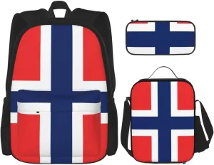 WURTON Norwegian Flag Print Shoulder Backpack 3 In 1 Bookbag Set Lunch Box Pencil Case Travel Laptop Daypacks