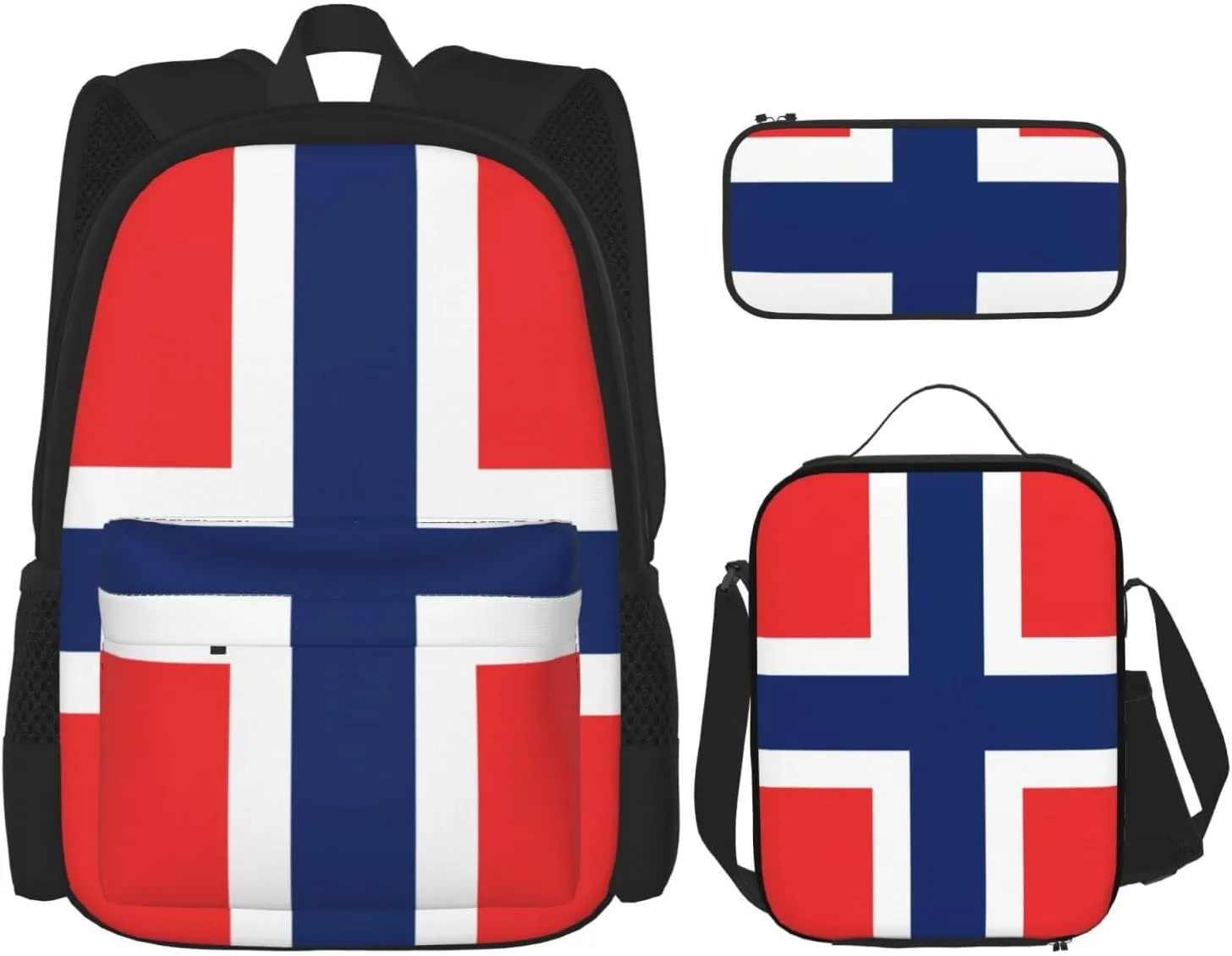 WURTON Norwegian Flag Print Shoulder Backpack 3 In 1 Bookbag Set Lunch Box Pencil Case Travel Laptop Daypacks