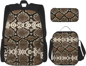 WURTON Serpentine Pattern Print Shoulder Backpack 3 In 1 Bookbag Set Lunch Box Pencil Case Travel Laptop Daypacks