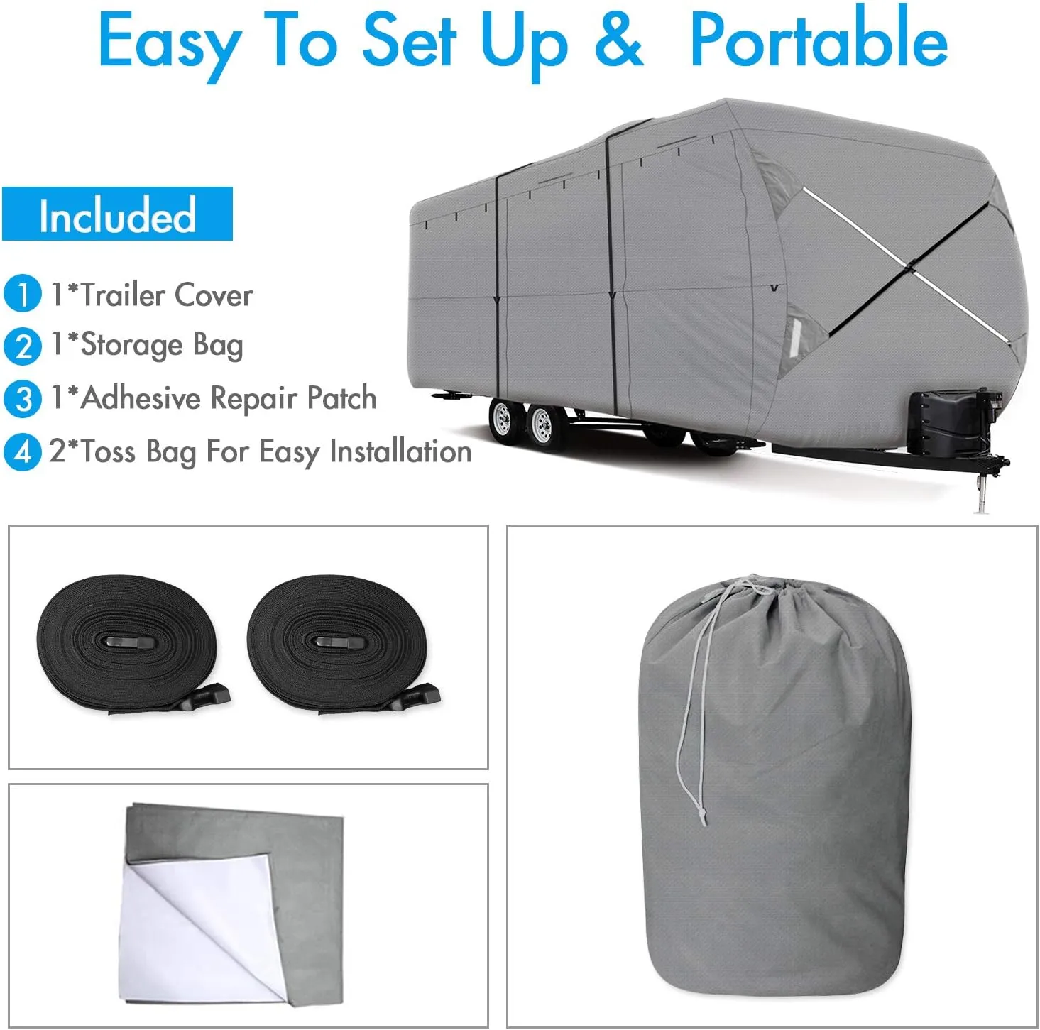 XGEAR Thick 6-Ply Top Panel Travel Trailer Cover- Ripstop Waterproof RVs Covers with Storage Bag and Windproof Buckles (33'-35')