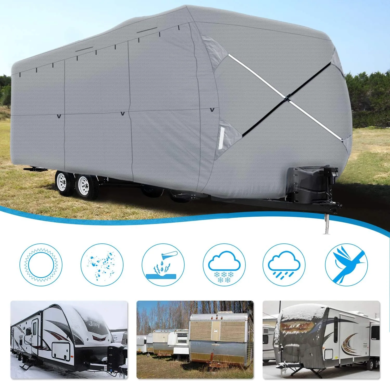 XGEAR Thick 6-Ply Top Panel Travel Trailer Cover- Ripstop Waterproof RVs Covers with Storage Bag and Windproof Buckles (33'-35')