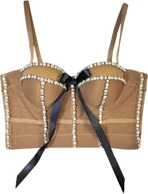Xiaojmake Womens Bustier Rhinestone Diamond Push Up Corset Crop Tops Punk Gothic Beaded Cami Vest Push Up Bow Tie Bras