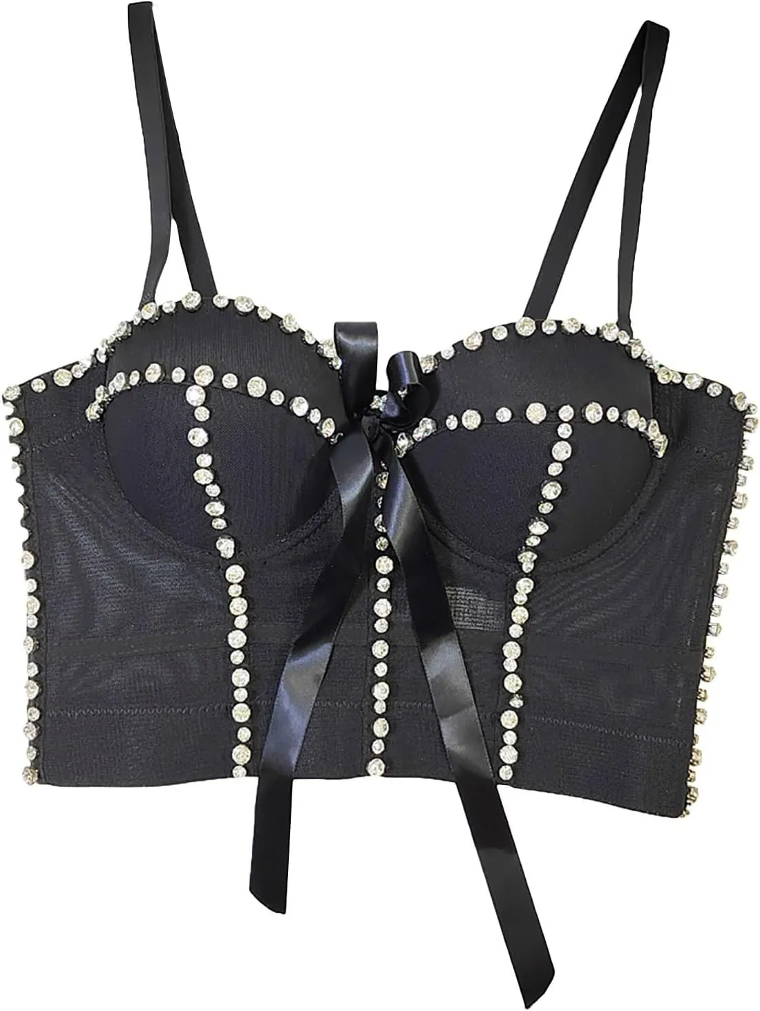 Xiaojmake Womens Handmade Rhinestone Diamond Push Up Bustier Crop Cami Top Punk Corset Support Bra Vest With Detachable Strap
