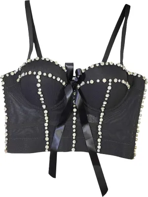 Xiaojmake Womens Handmade Rhinestone Diamond Push Up Bustier Crop Cami Top Punk Corset Support Bra Vest With Detachable Strap